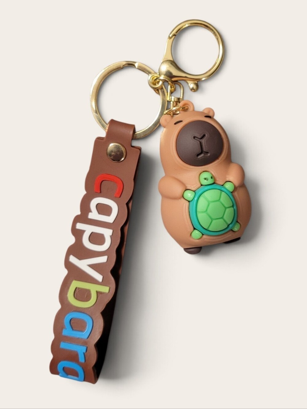 Brown Capybara Keychain with Green Turtle Accent -